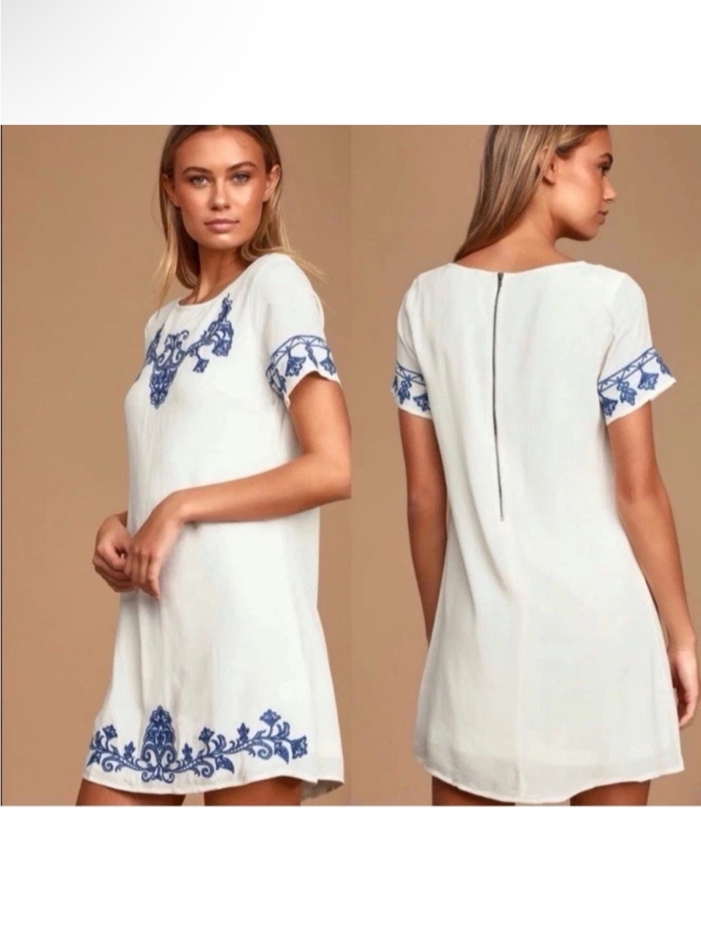 Take to Tell White Ivory Shift Dress with Blue Embroidery Lined Dress